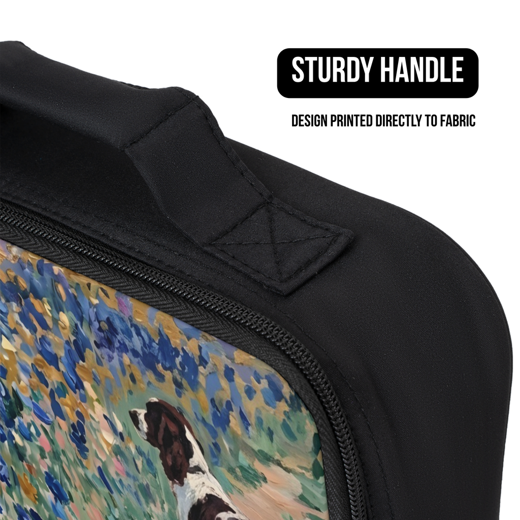 Black lunch bag with a dog design and sturdy handle on a white background