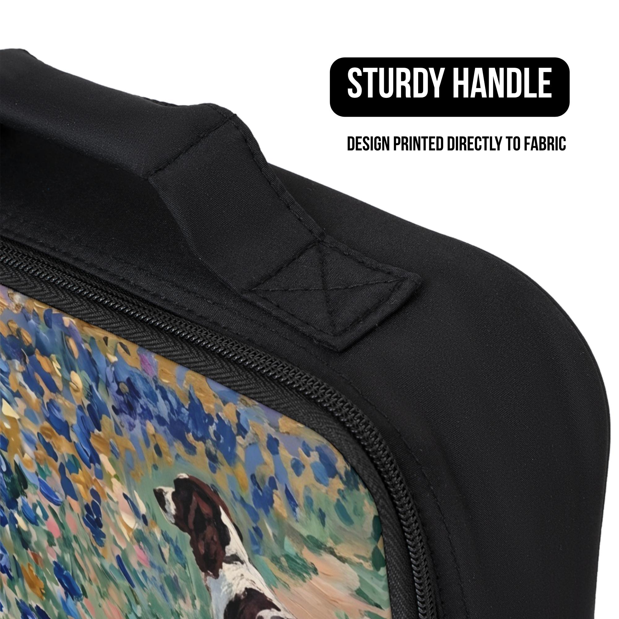 Black lunch bag with a dog design and sturdy handle on a white background