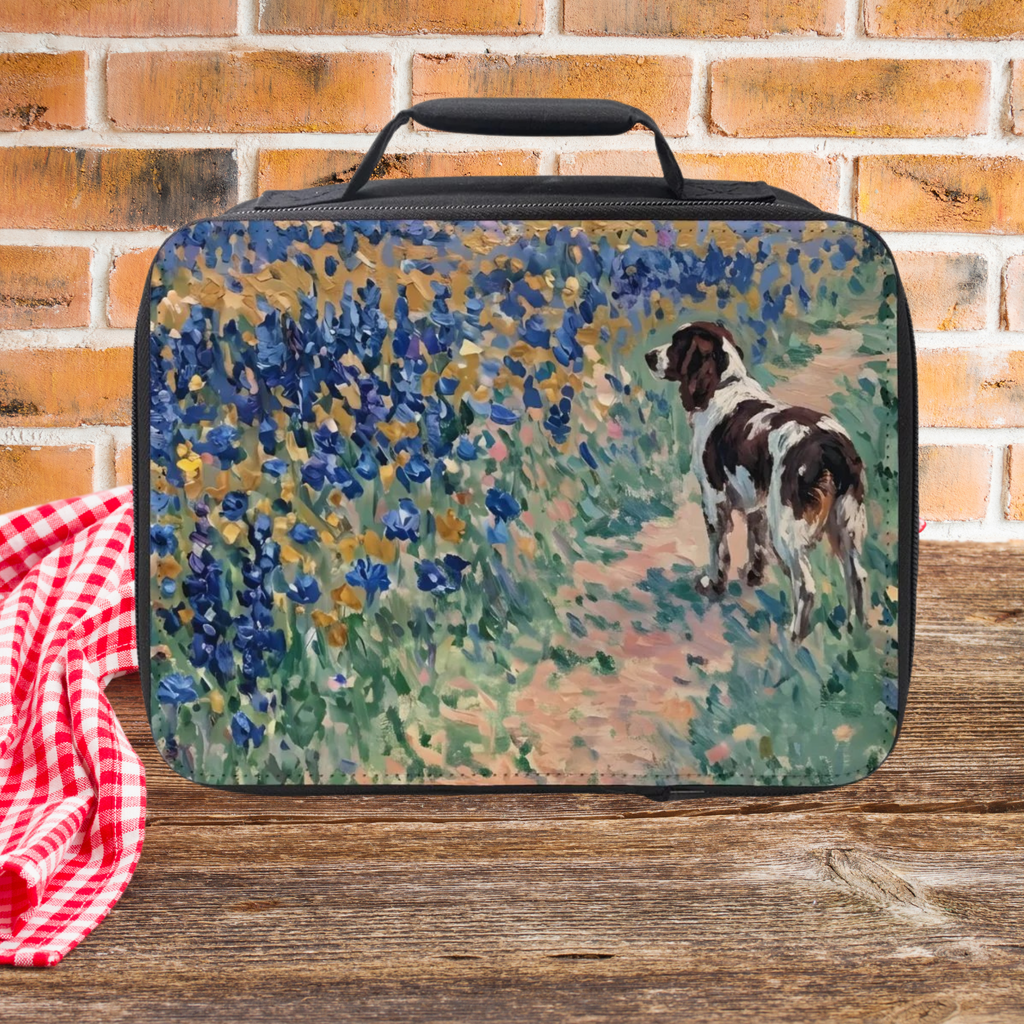 Lunch box with a painting of a springer spaniel dog in a field of blue and gold wildflowers on a wooden picnic table with a brick wall background