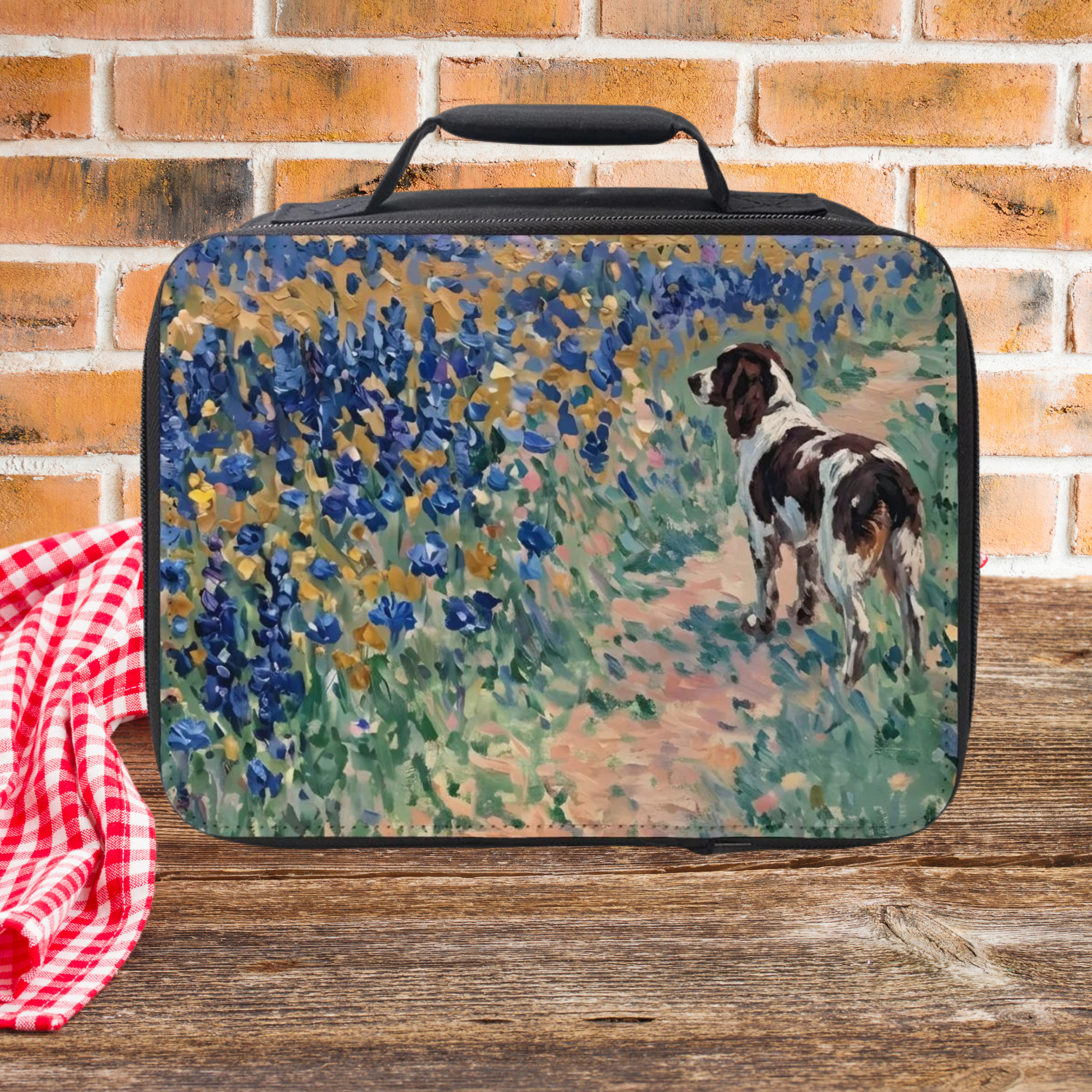 Lunch box with a painting of a springer spaniel dog in a field of blue and gold wildflowers on a wooden picnic table with a brick wall background