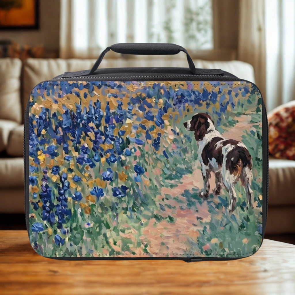 Rectangular lunch box with a springer spaniel dog and flowers design on a wooden coffee table in cozy living room.