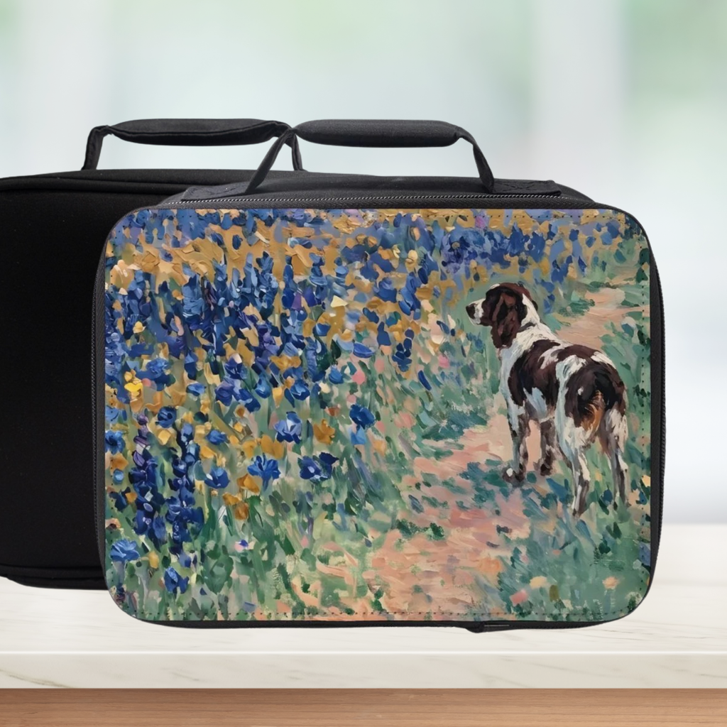 Rectangular lunch box with a dog and floral design on a blurred background