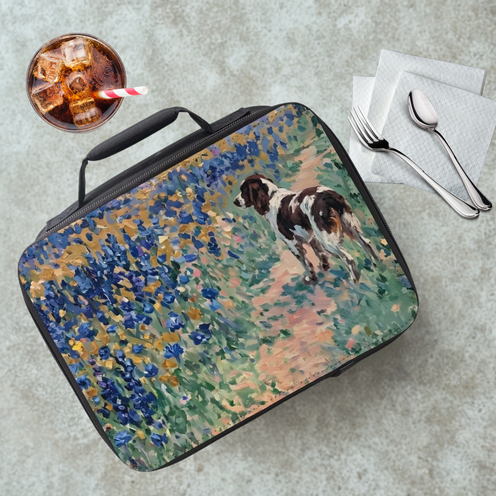  insulated lunch bag with a dog and flowers design on a table with a drink and utensils.