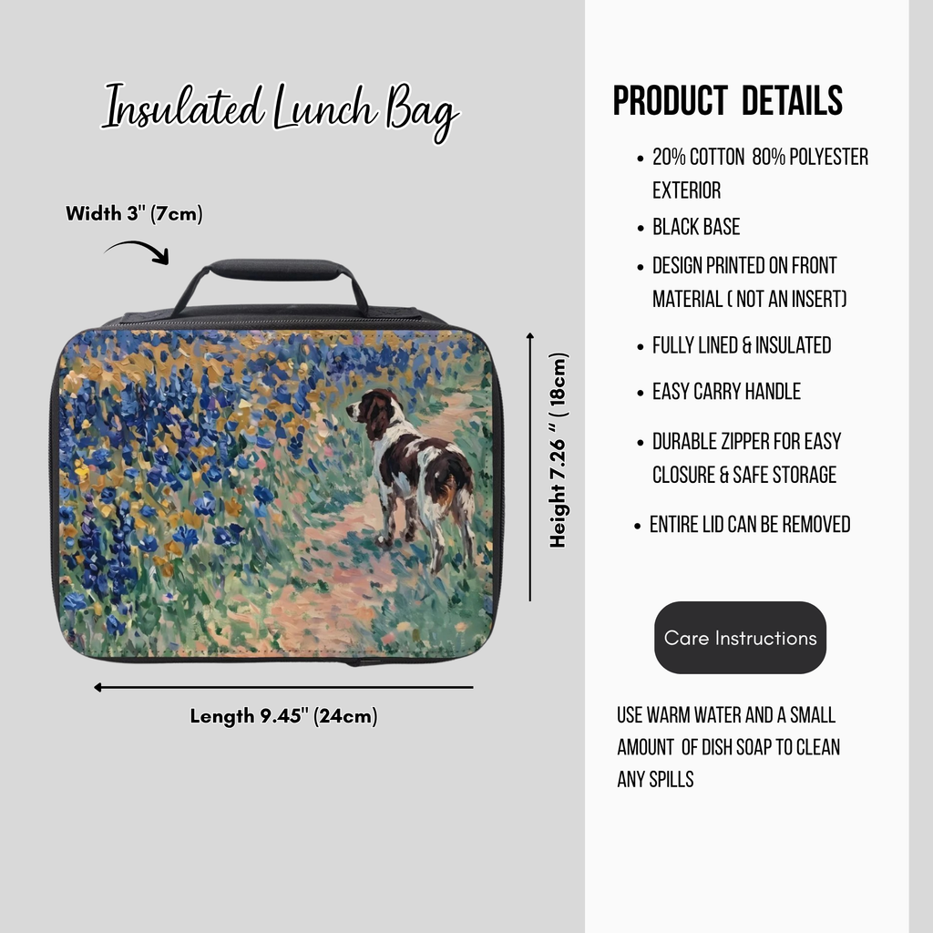 Insulated lunch bag with an English Springer spaniel dog design and product details on a gray background