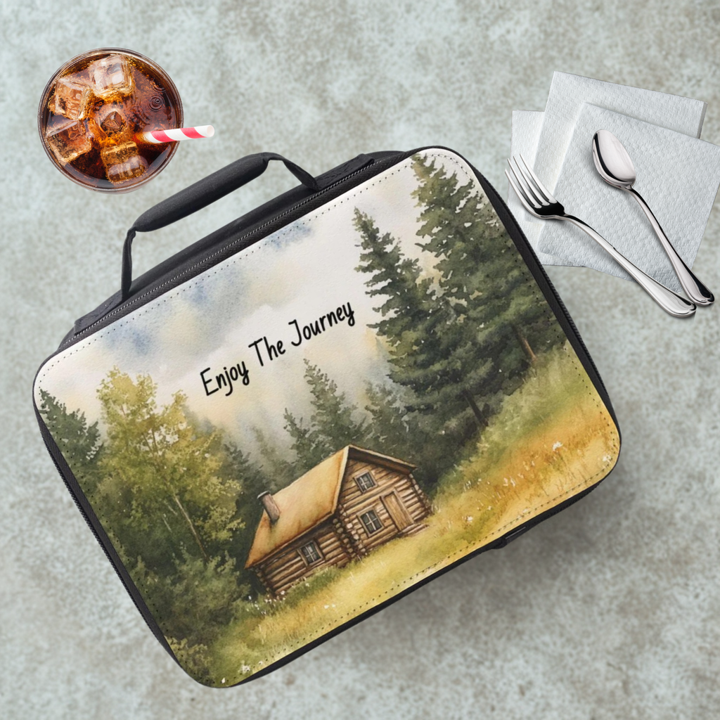 Lunch bag with a cabin design and 'Enjoy The Journey' text on a cafeteria table with a drink and utensils.