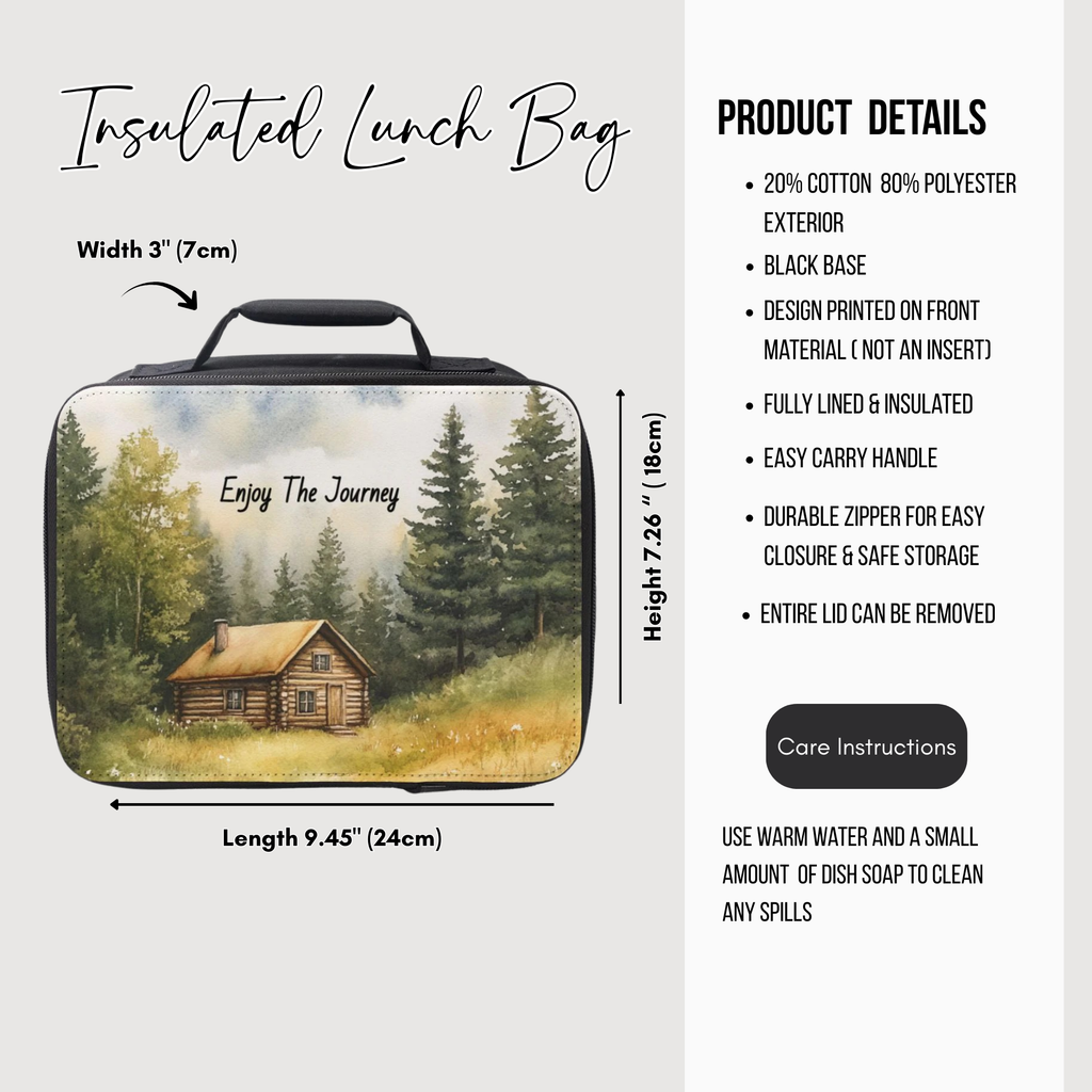 Insulated lunch bag with nature design and product details on a white background