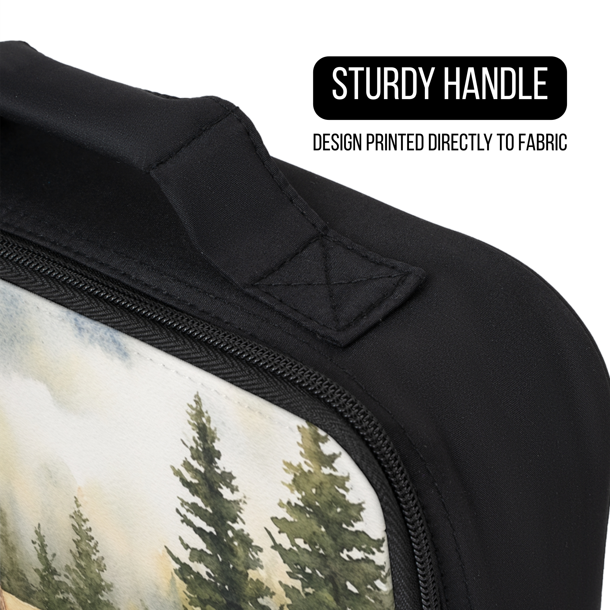 Black lunch bag with a handle and design printed directly to fabric, featuring trees in the background.