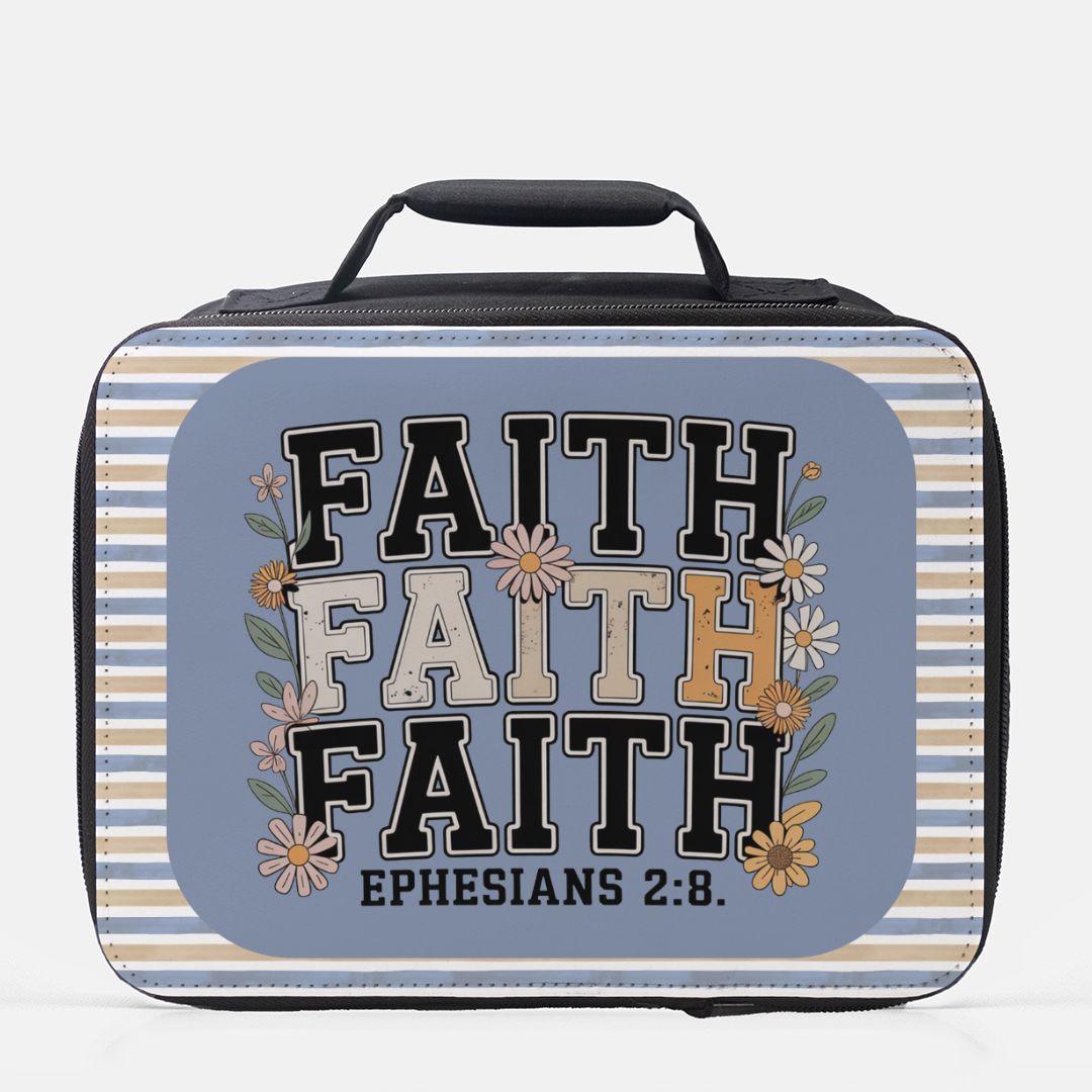  insulated lunch bag with 'Faith' text and floral design on a blue background