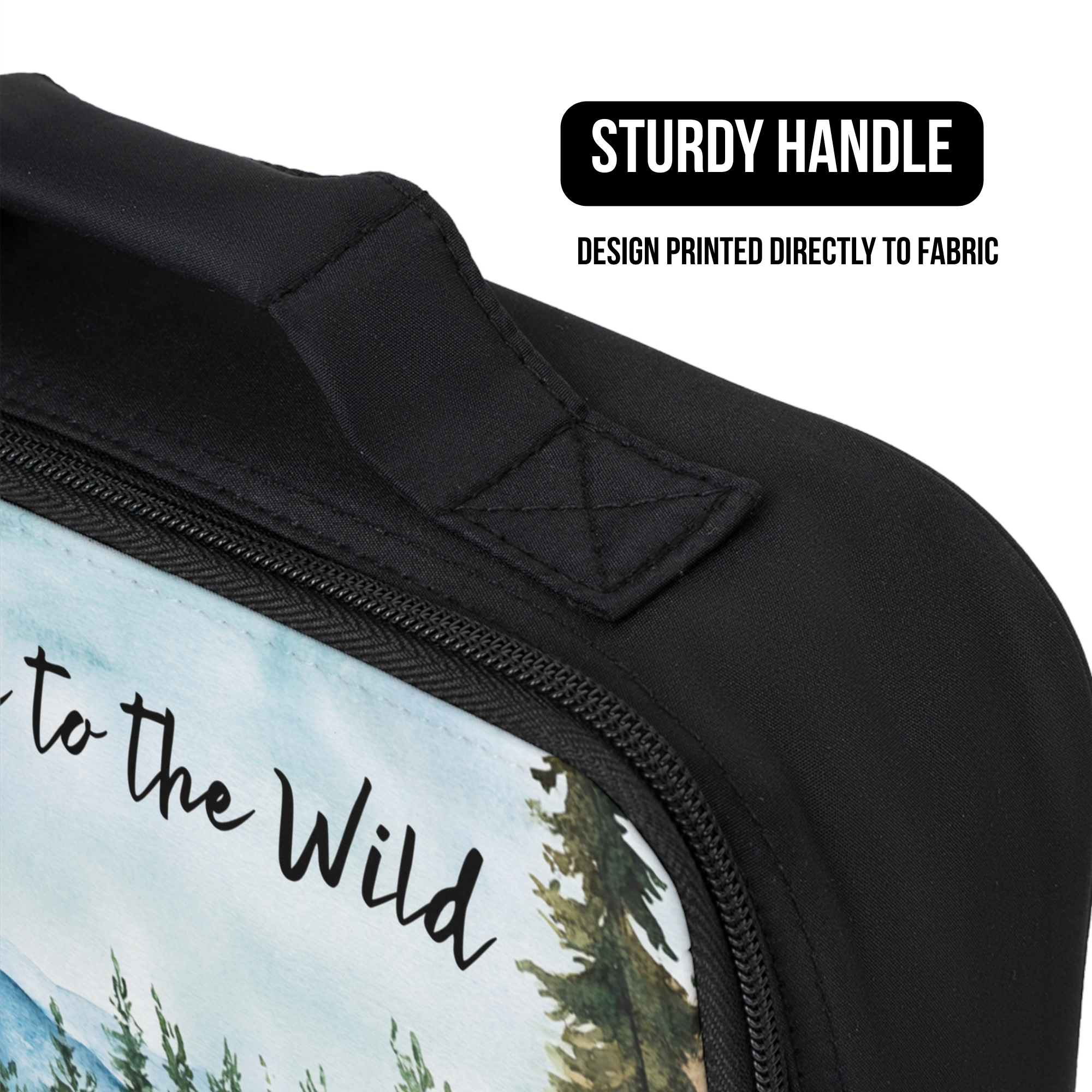 Black bag with 'Escape To The Wild' design printed directly to fabric and sturdy handle feature.