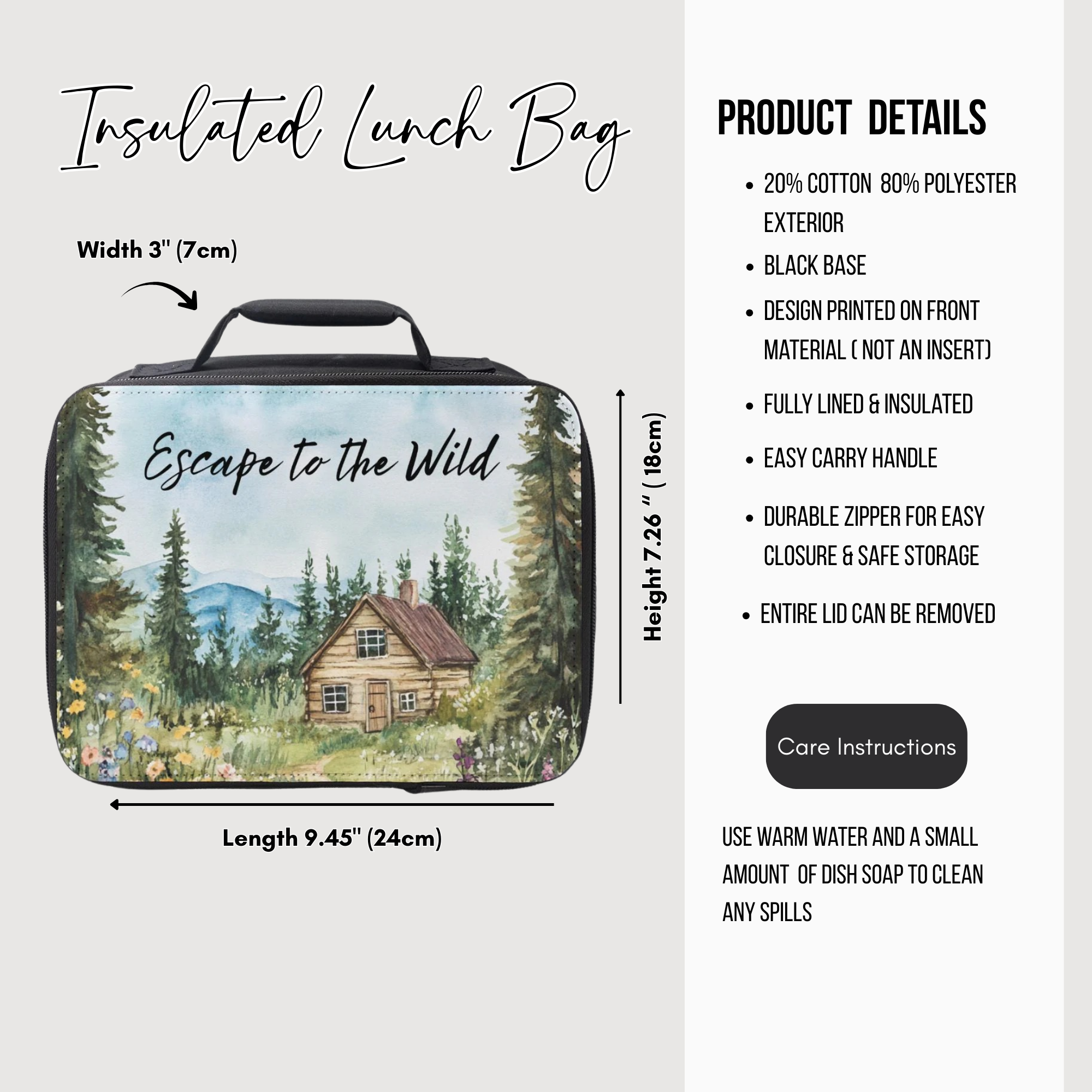 Insulated lunch bag with nature-themed design and product details on a white background