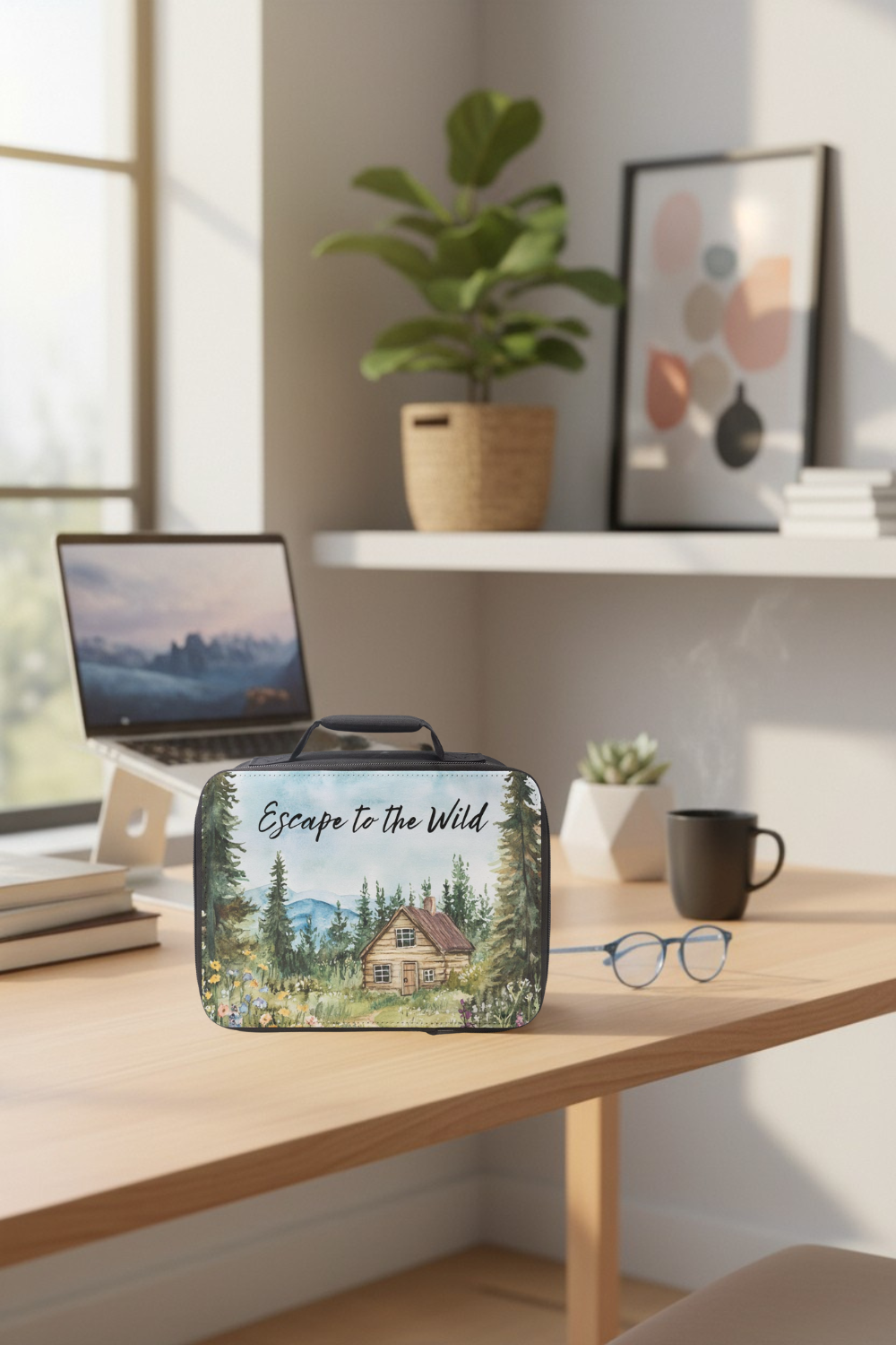 Laptop on a desk with a 'Escape to the Wild' lunch bag in front