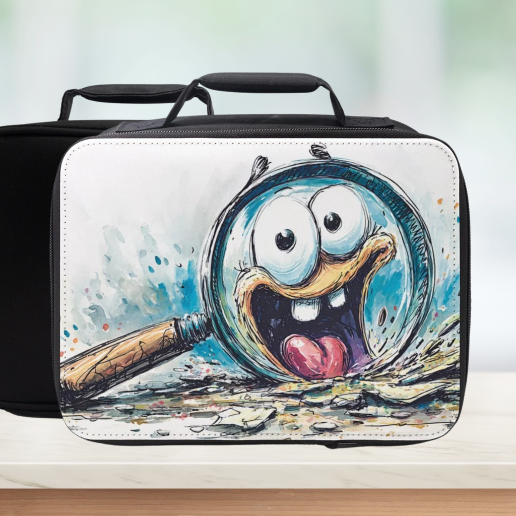 Lunch bag with a cartoon character holding a magnifying glass on a white background
