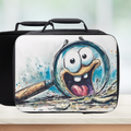 Lunch bag with a cartoon character holding a magnifying glass on a white background