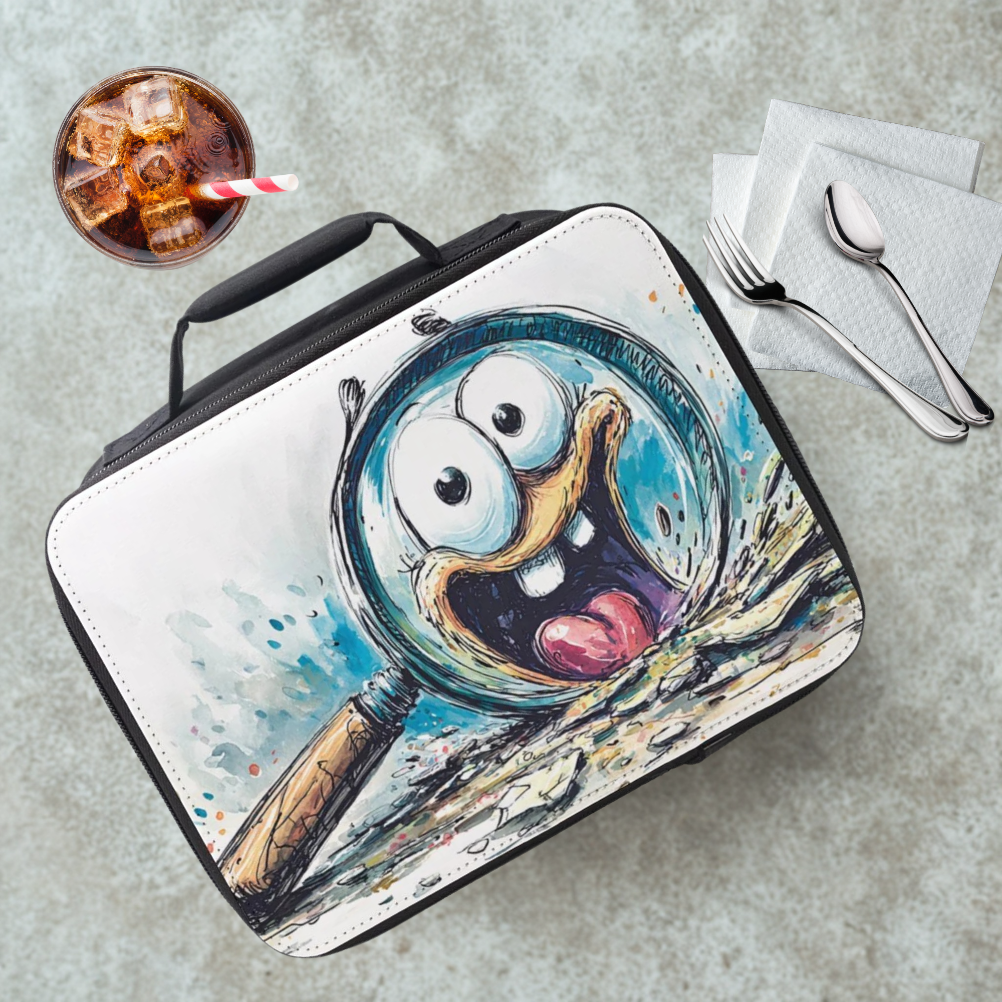 Lunch bag with cartoon character design on a cafeteria table with a drink and utensils.