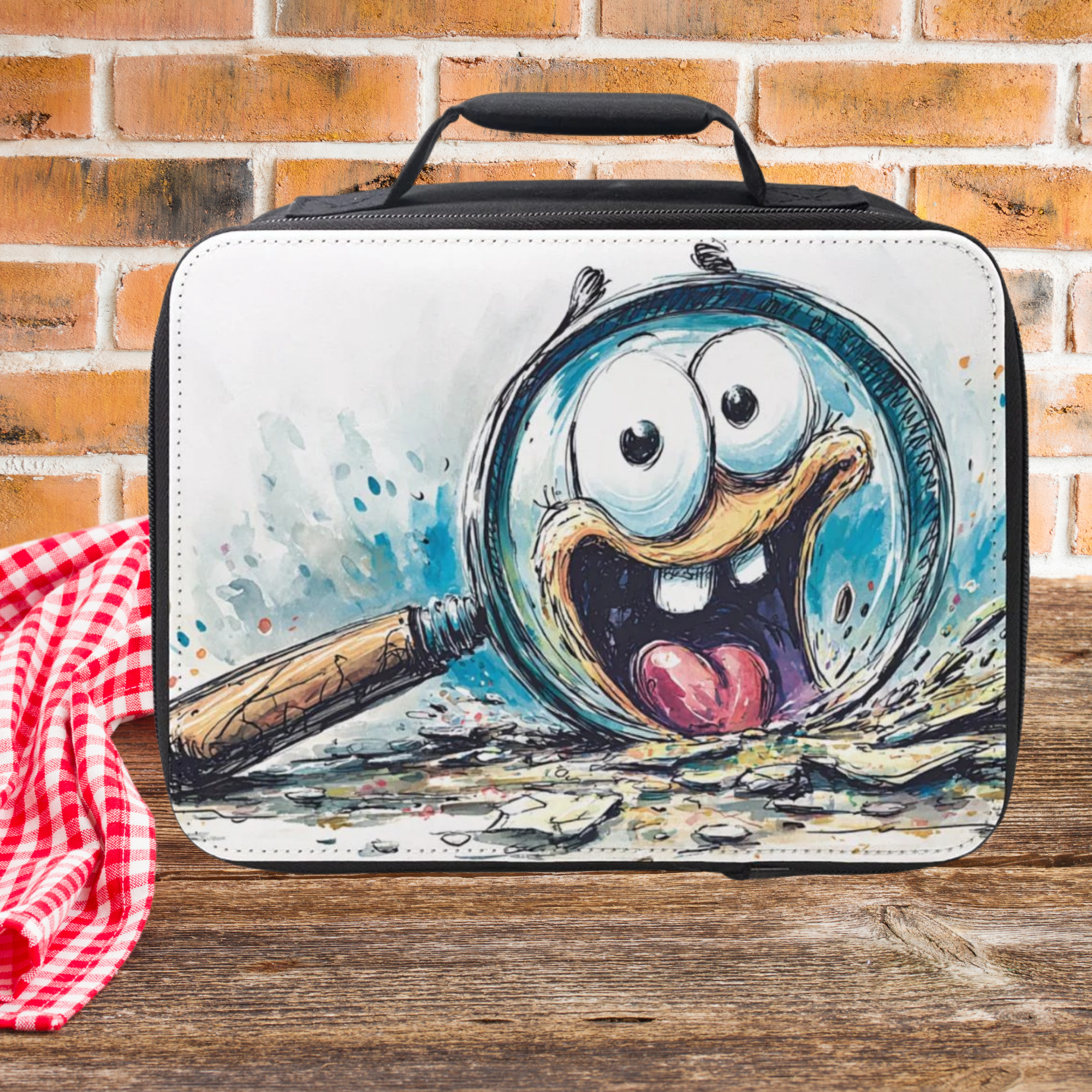 Lunch bag with cartoon character magnifying glass design on a wooden picnic table and brick wall background