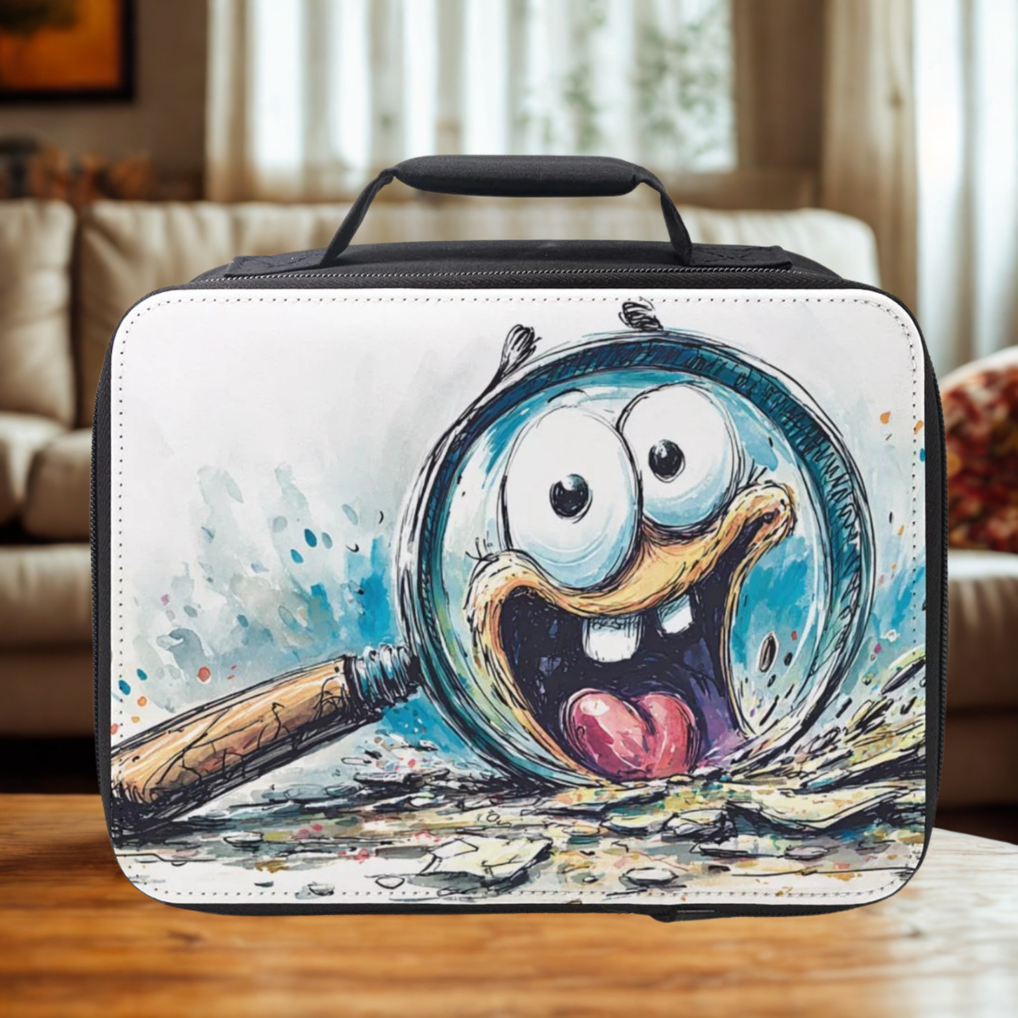 Lunch bag with cartoon character design of a magnifying glass with a happy face on a wooden living room table