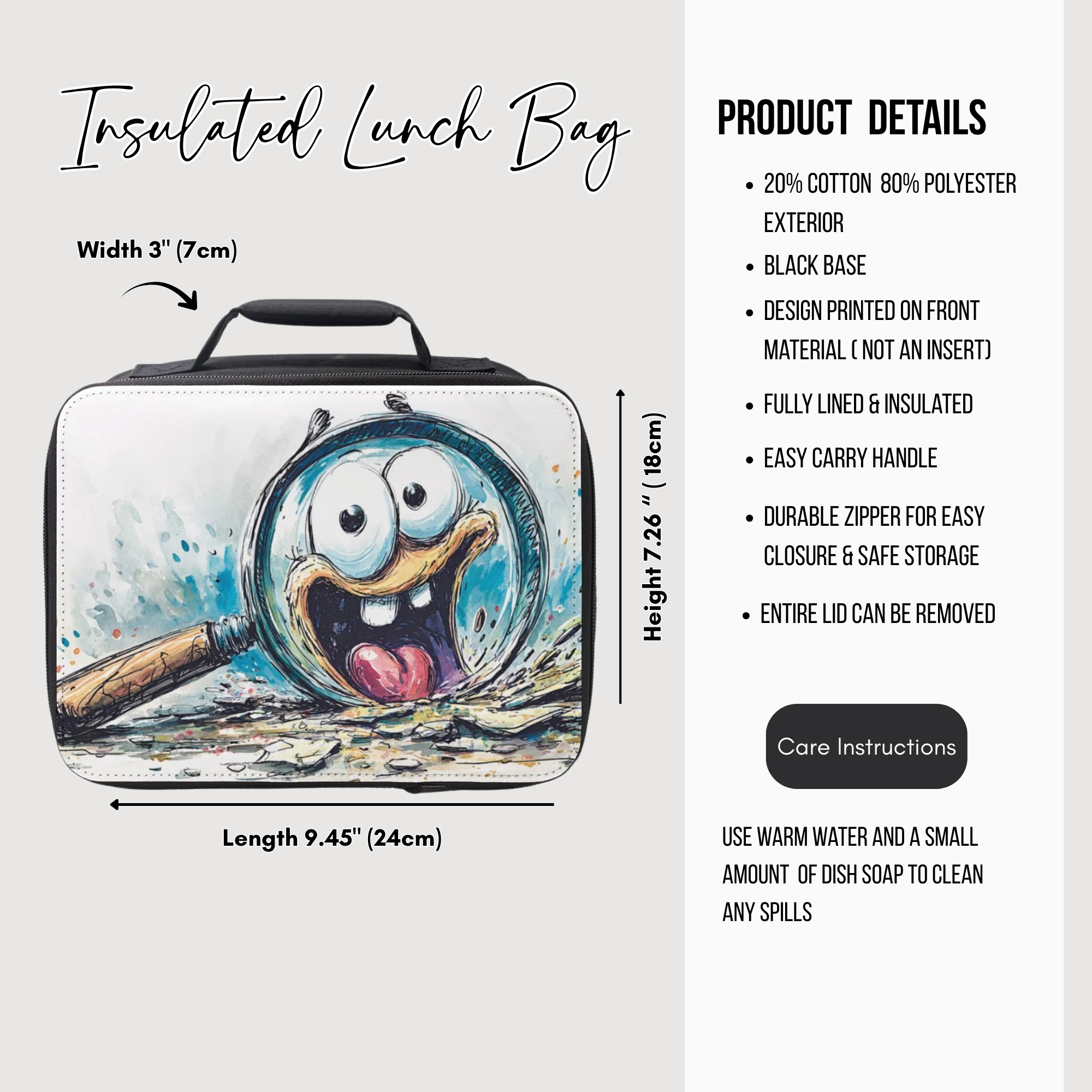 Insulated lunch bag with cartoon design and product details on a white background