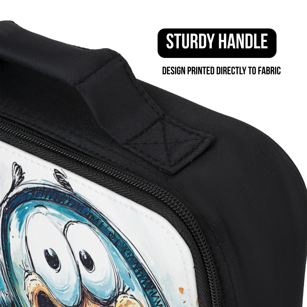 Black lunch bag with cartoon character design and 'Sturdy Handle' text on a white background