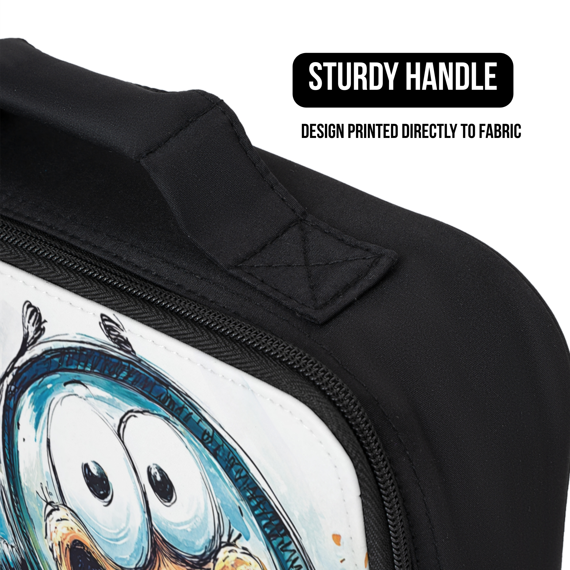Black lunch bag with cartoon character design and 'Sturdy Handle' text on a white background
