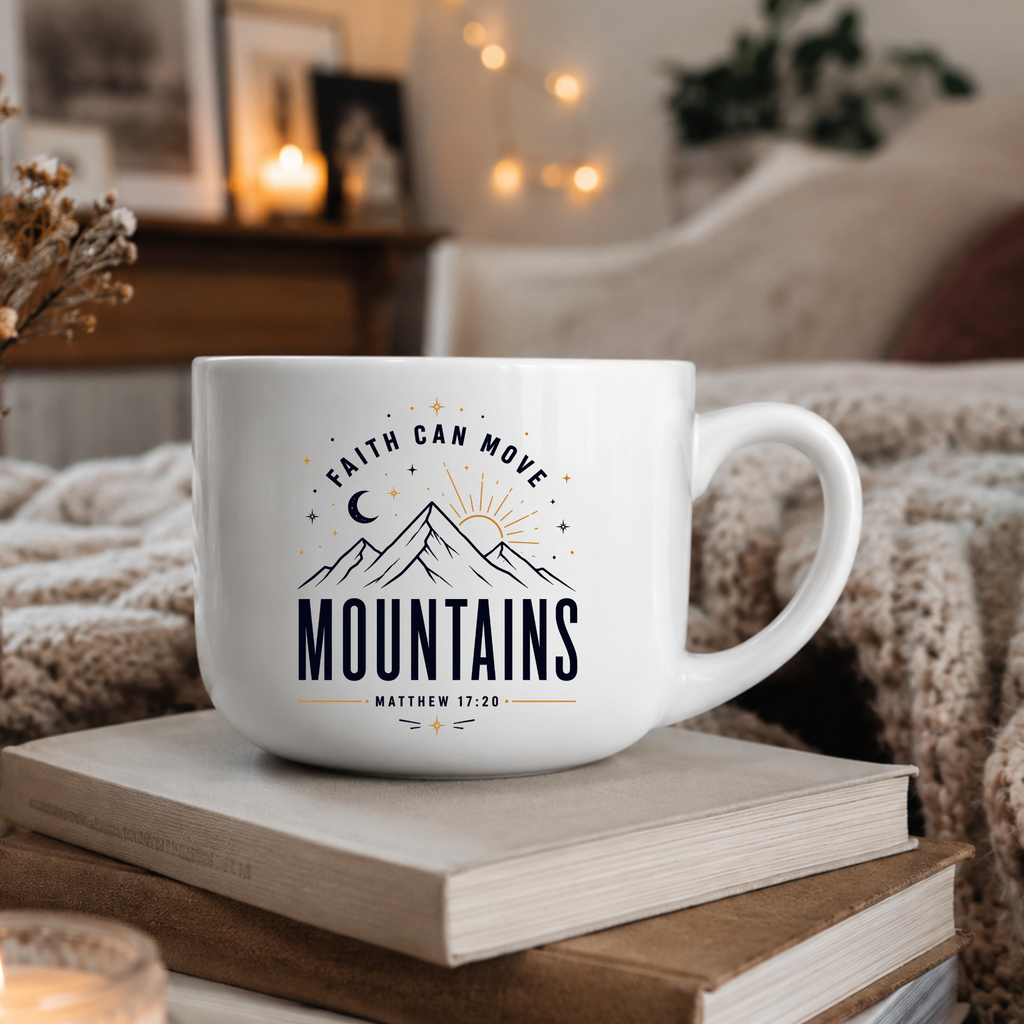 25oz Ceramic Latte Mug - 'Faith Can Move Mountains' Inspirational Coffee Cup
