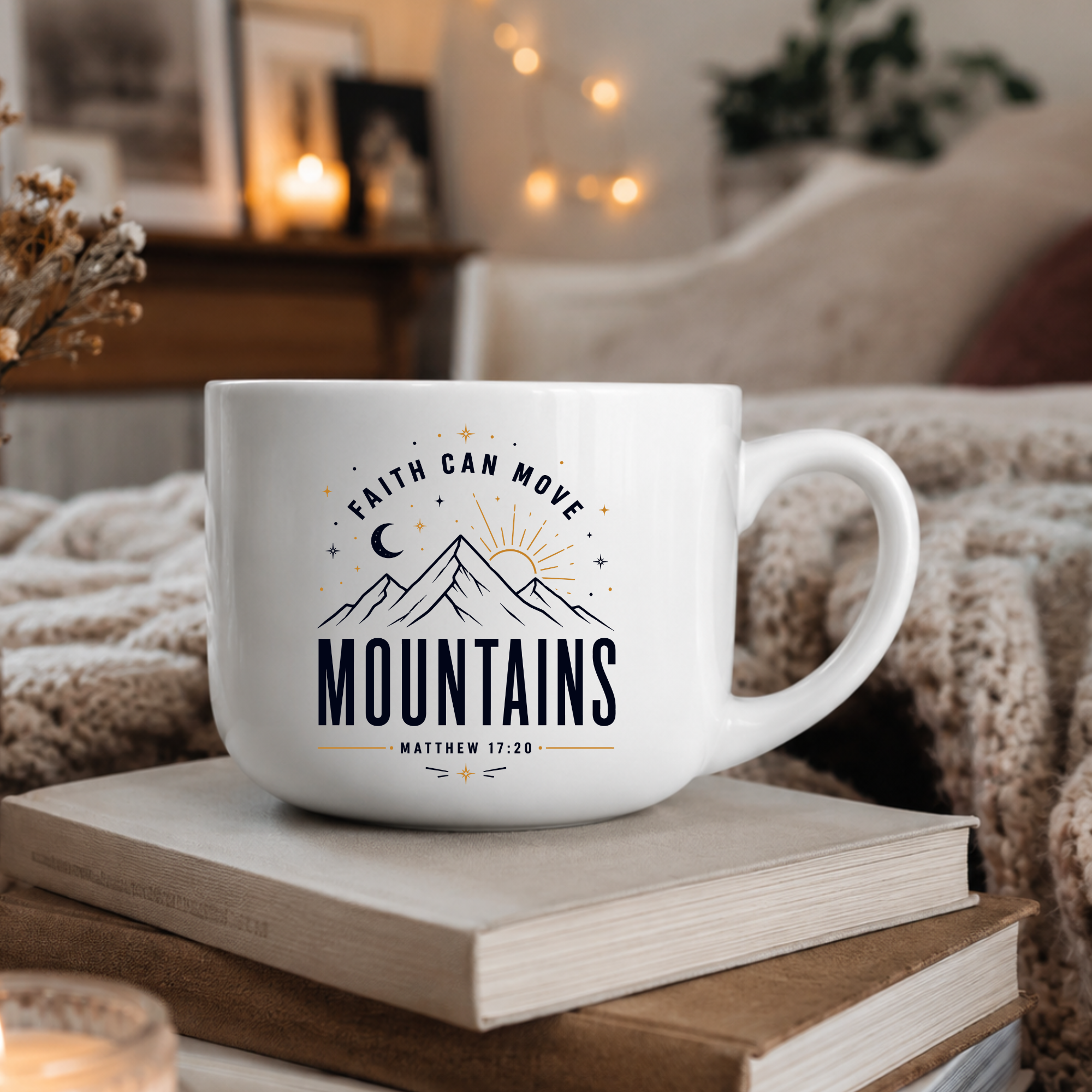 25oz Ceramic Latte Mug - 'Faith Can Move Mountains' Inspirational Coffee Cup