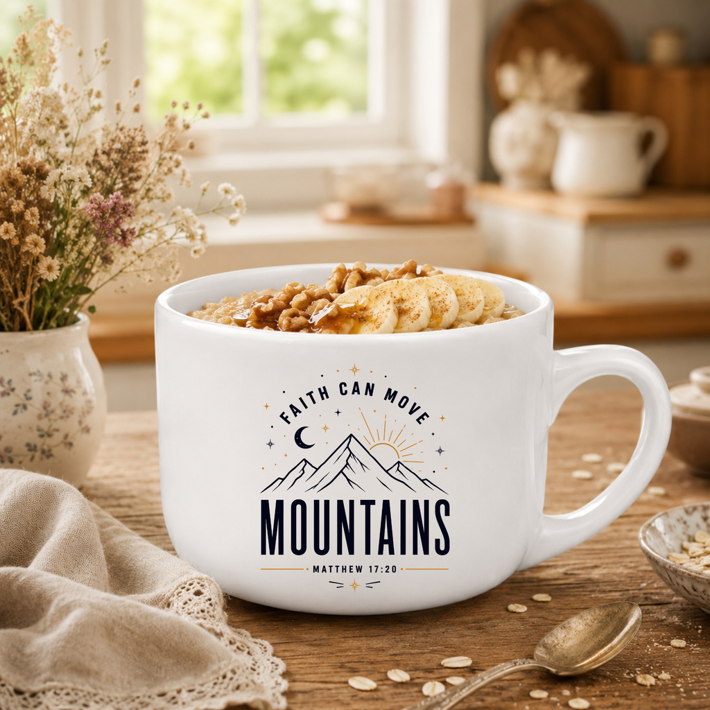 25oz Ceramic Latte Mug - 'Faith Can Move Mountains' Inspirational Coffee Cup