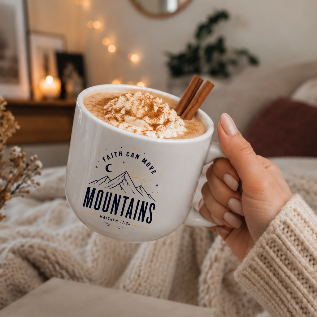 25oz Ceramic Latte Mug - 'Faith Can Move Mountains' Inspirational Coffee Cup