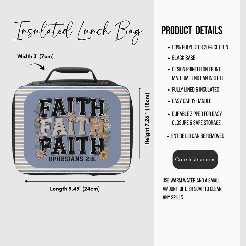 Insulated lunch bag with 'Faith' design and product details on a white background