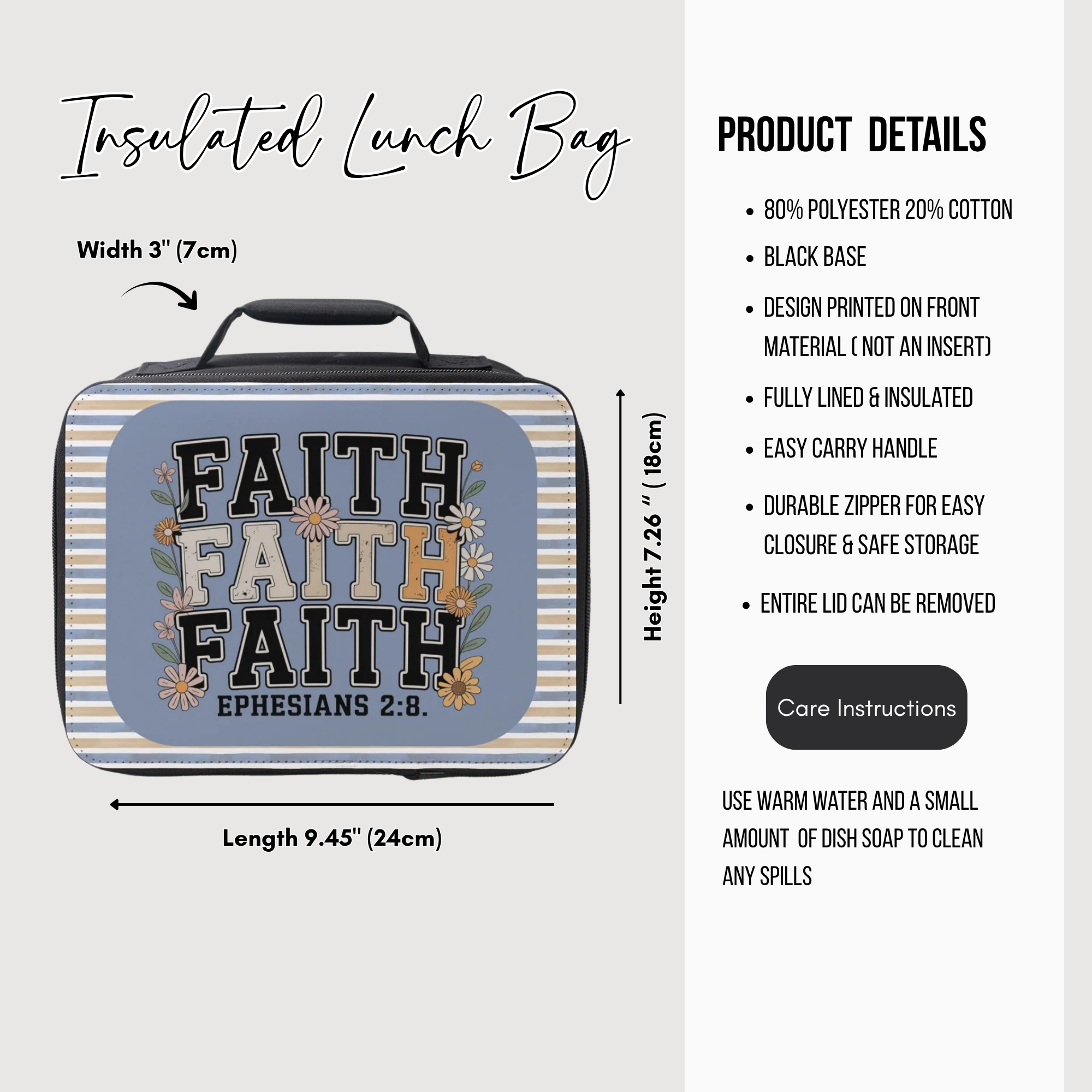 Insulated lunch bag with 'Faith' design and product details on a white background