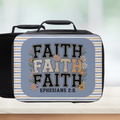 Lunch bag with 'FAITH' text and floral design on a striped background