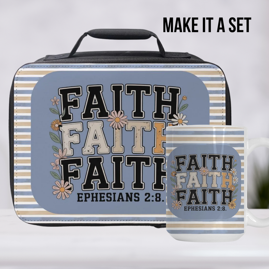 Lunch box and mug set with 'Faith' text and Ephesians 2:8 quote on a light gray background.