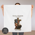 Person holding an extra large tea towel with 'Faith & Freedom 250 Years' design featuring an eagle and cross.