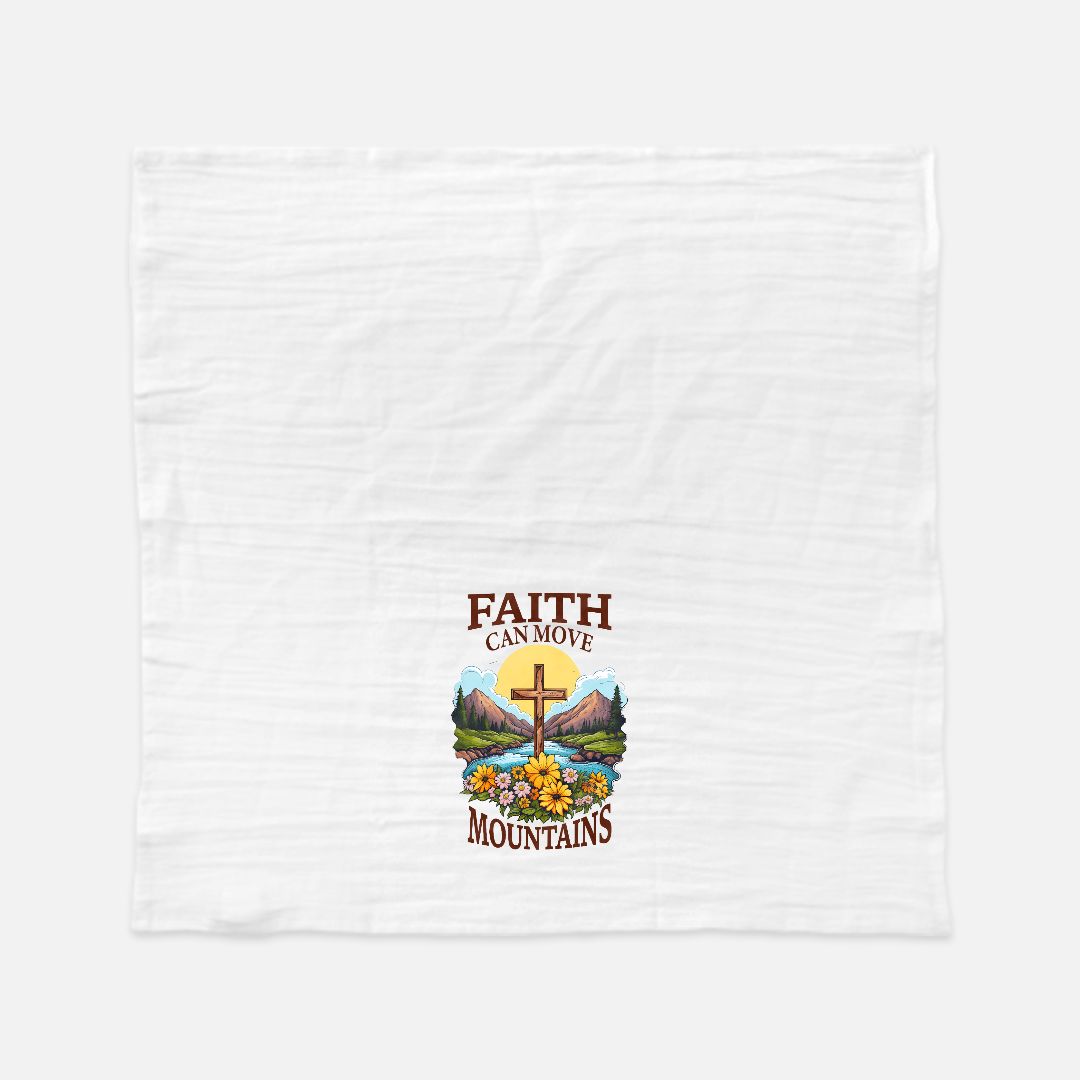 White tea towel with a graphic design featuring a cross, mountains, and flowers on a white background.