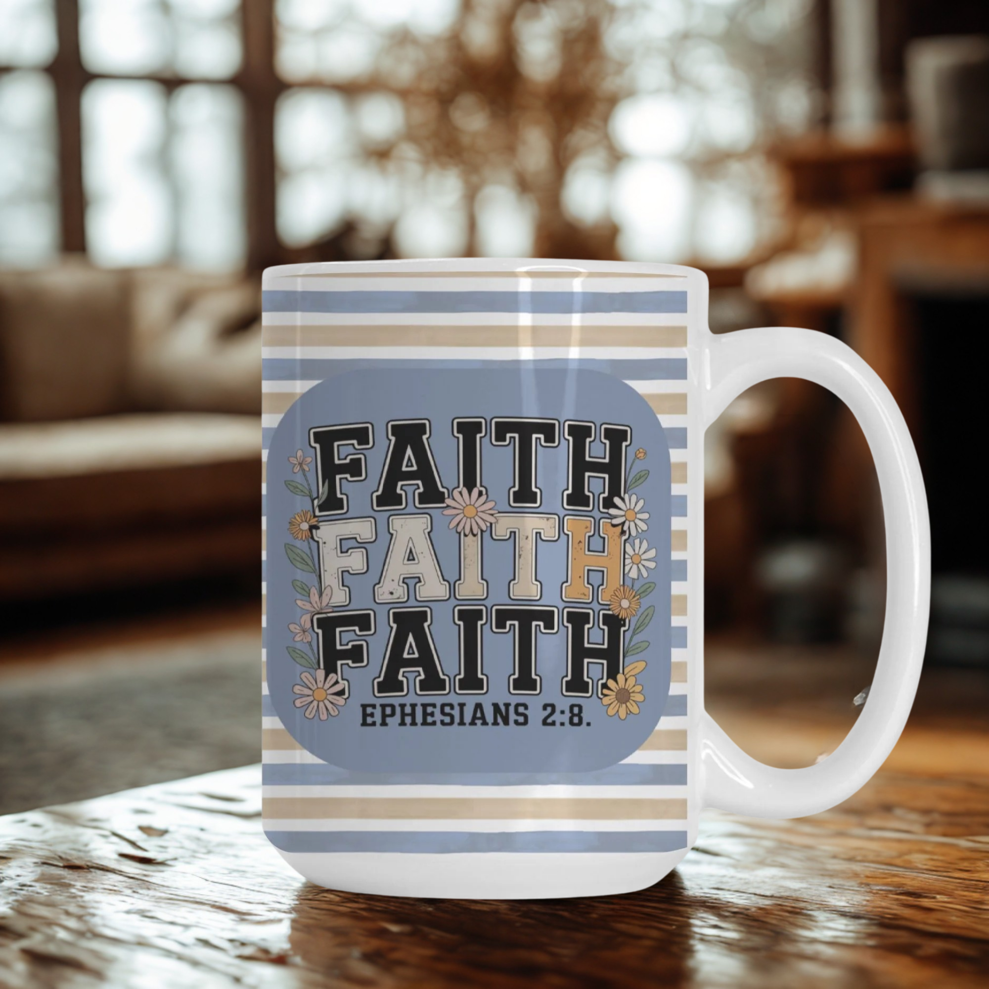 Mug with 'Faith' text and Ephesians 2:8 on a striped background, placed on a wooden surface.