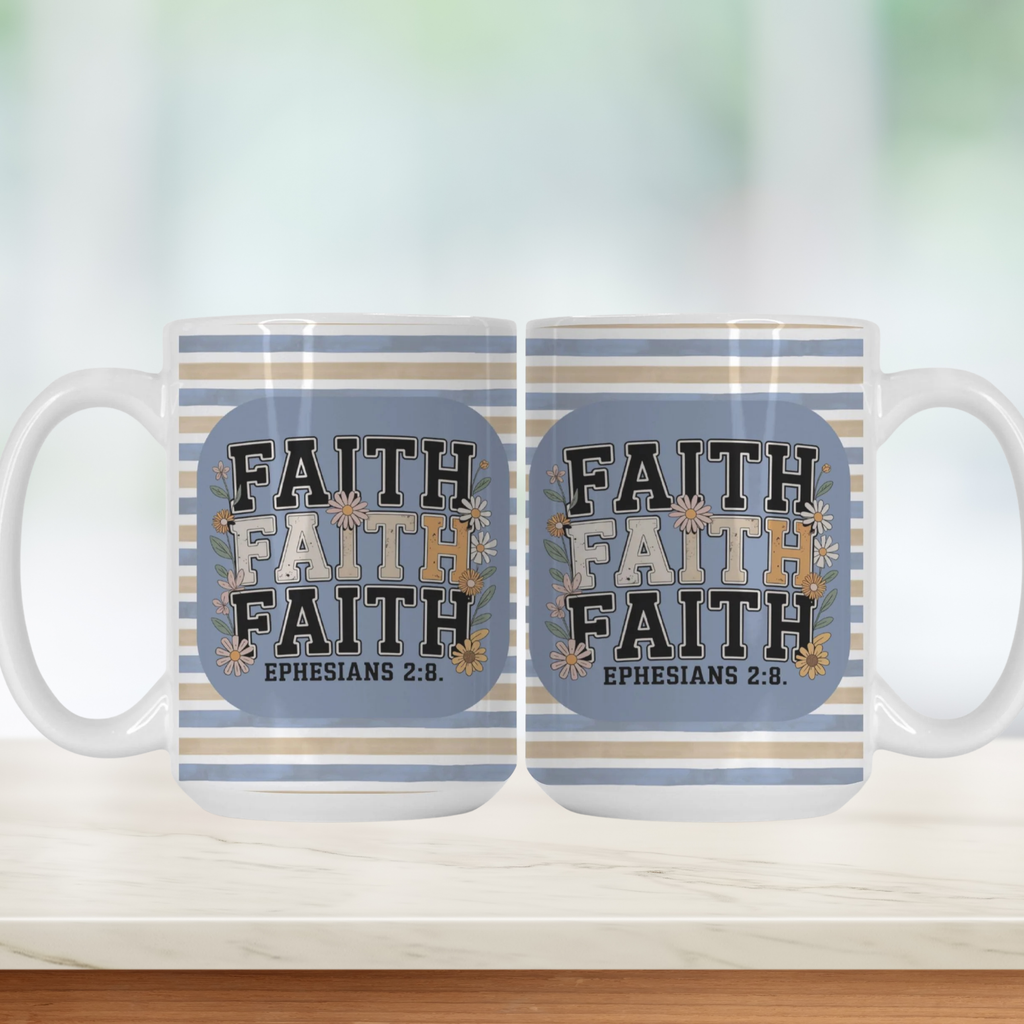 Two mugs with 'FAITH' and 'Ephesians 2:8' text on a white background