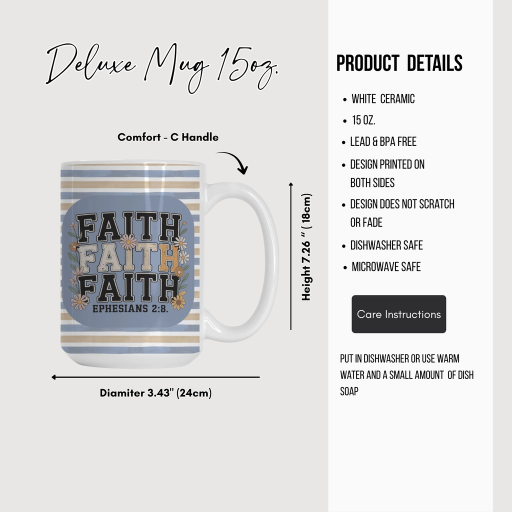 Deluxe mug with 'Faith' design and product details on a white background
