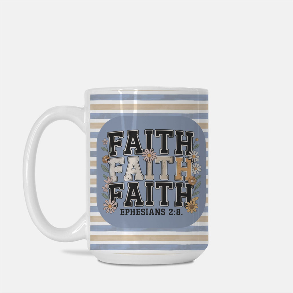Mug with 'FAITH' text and stripes on a white background