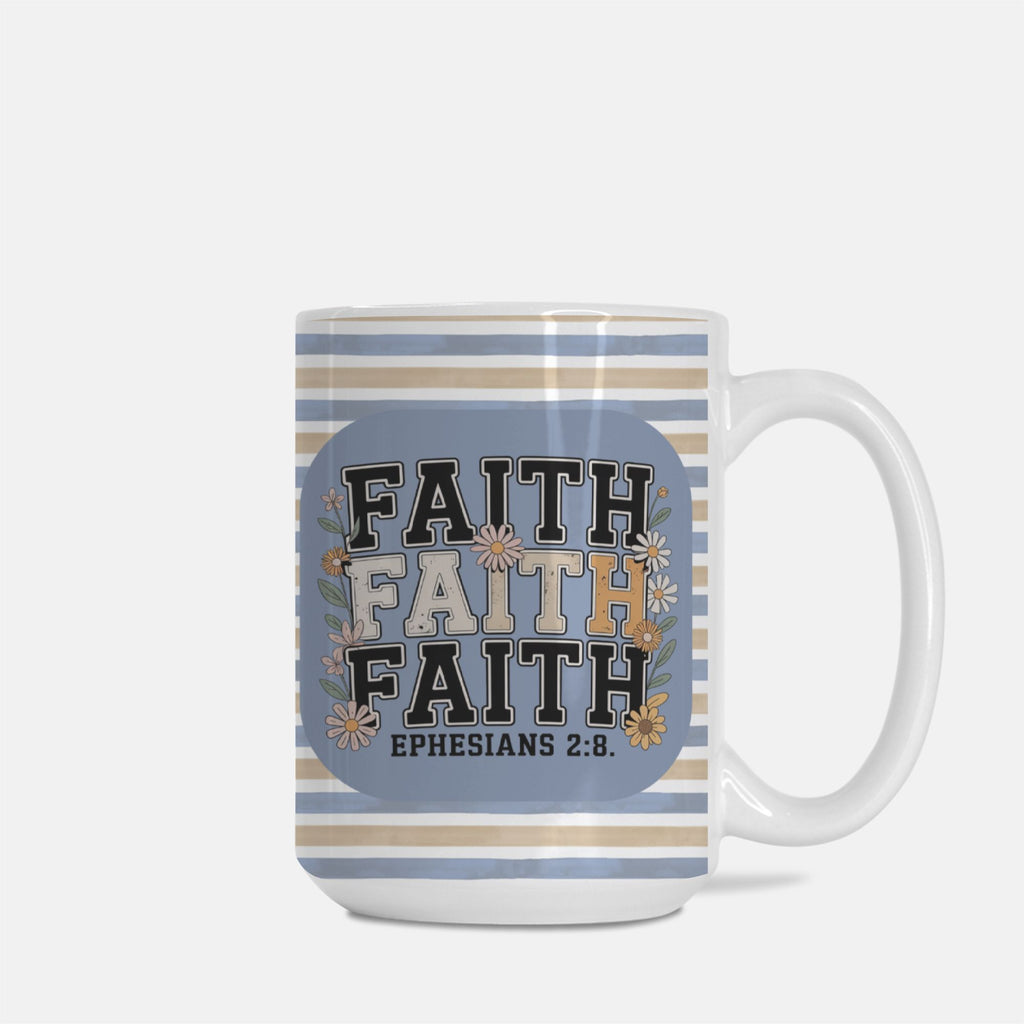 Mug with 'Faith' text and stripes on a light gray background