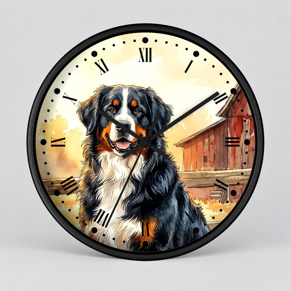 Round wall clock with a black frame and hands, featuring a painted Bernese mountain dog portrait and a barn scene on the clock face, shown against a light gray background.