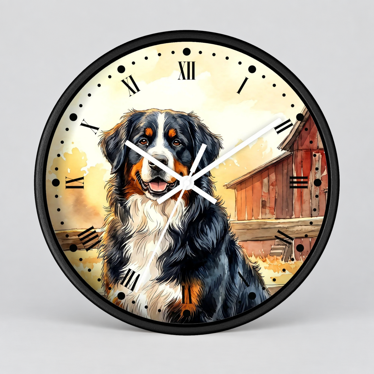 A round wall clock with a black frame and a printed illustration of a Bernese mountain dog in front of a barn, with black Roman numerals and white clock hands on a light gray background.