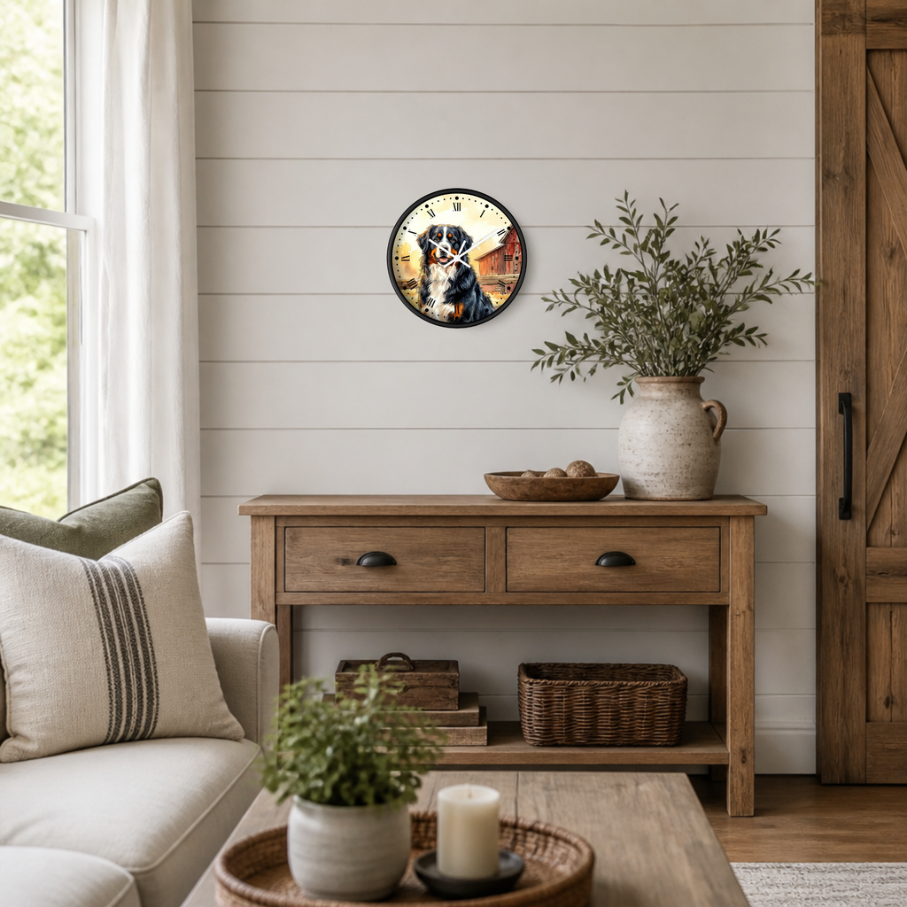 A round wall clock featuring a black and white dog portrait hangs on a white shiplap wall above a rustic wooden console table in a bright, modern farmhouse-style living room.