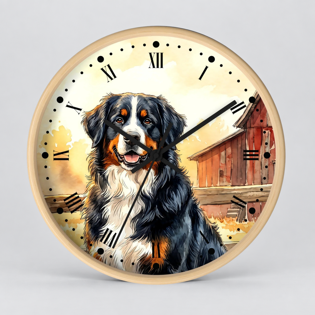 Round wall clock with a light wood frame and a printed illustration of a Bernese mountain dog in front of a barn, with black Roman numerals and black clock hands on a light gray background.