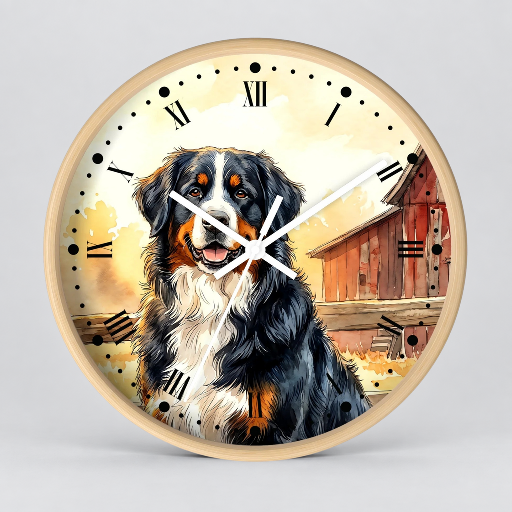 Round wall clock with a light wood frame and a printed design of a Bernese mountain dog in front of a barn, with black Roman numerals and white clock hands on a light gray background.