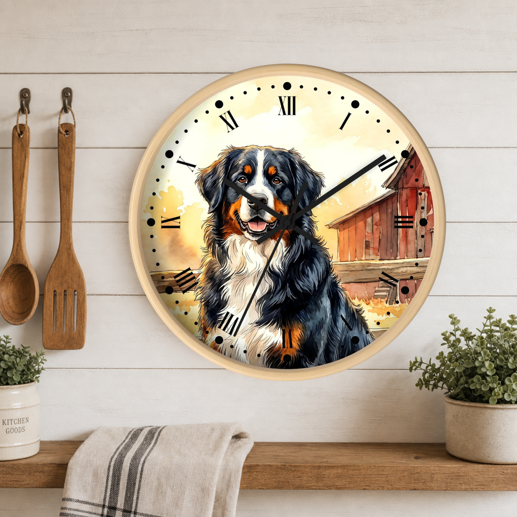 A round wall clock with a light wood frame hangs on a white wood-paneled kitchen wall above a shelf. The clock face features a painted Bernese mountain dog portrait over a barn scene, with black Roman numerals and black clock hands.