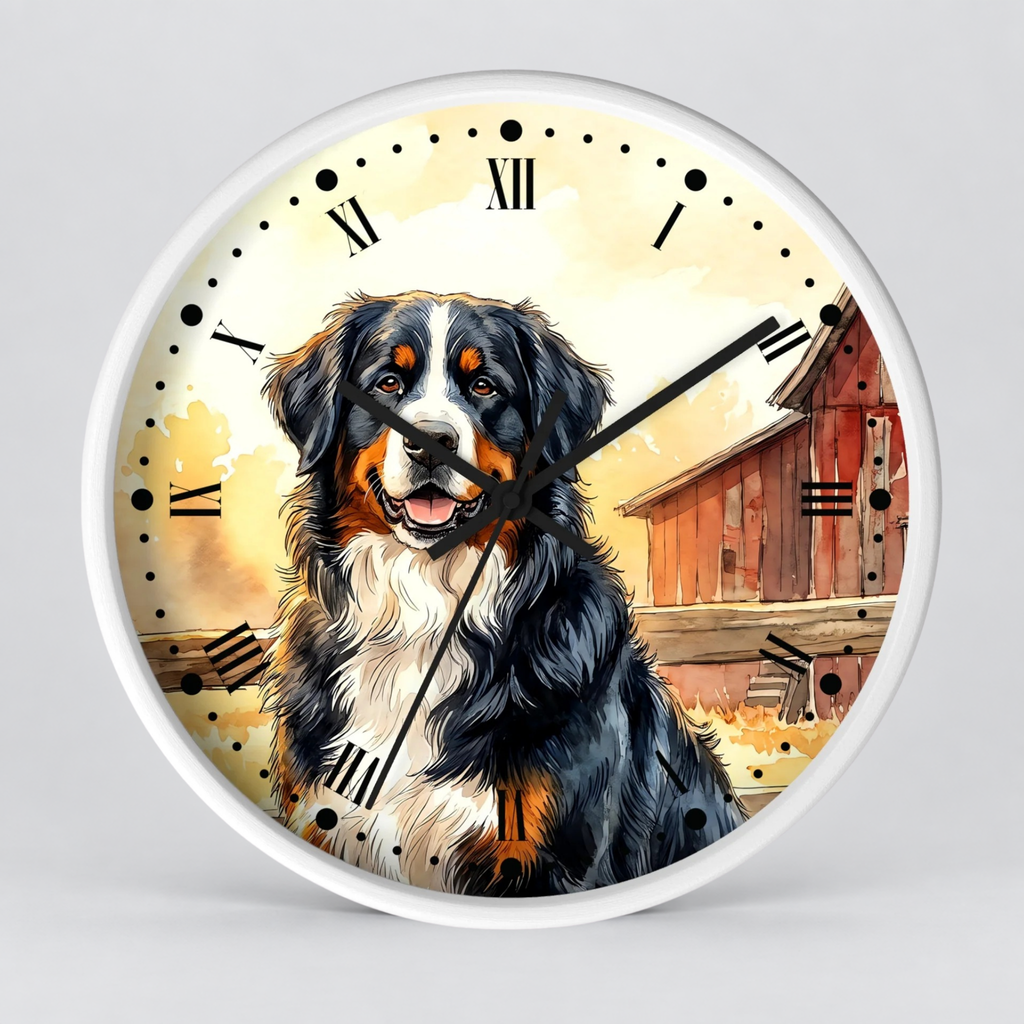 Round wall clock with a white frame and a printed illustration of a Bernese mountain dog in front of a barn on the clock face, shown against a light gray background.