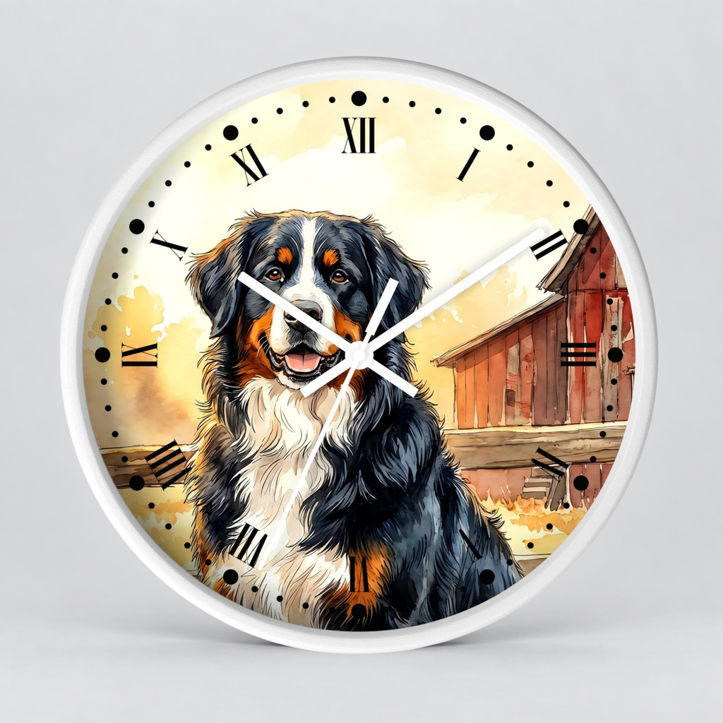 Round wall clock with a white frame and a printed illustration of a Bernese mountain dog in front of a barn, with black Roman numerals and clock hands on a light gray background.