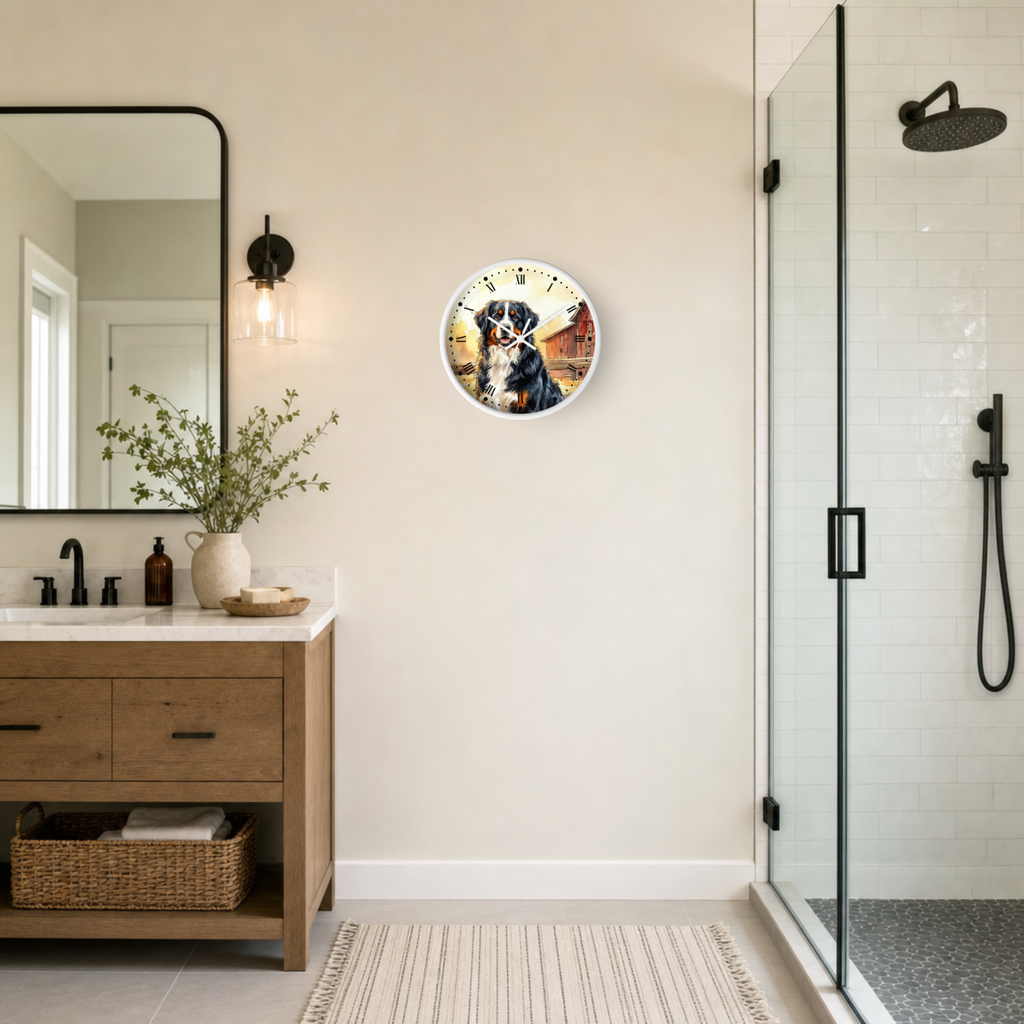 A round wall clock featuring a black and white dog portrait, mounted on a beige wall in a modern bathroom next to a wooden vanity and glass shower enclosure.