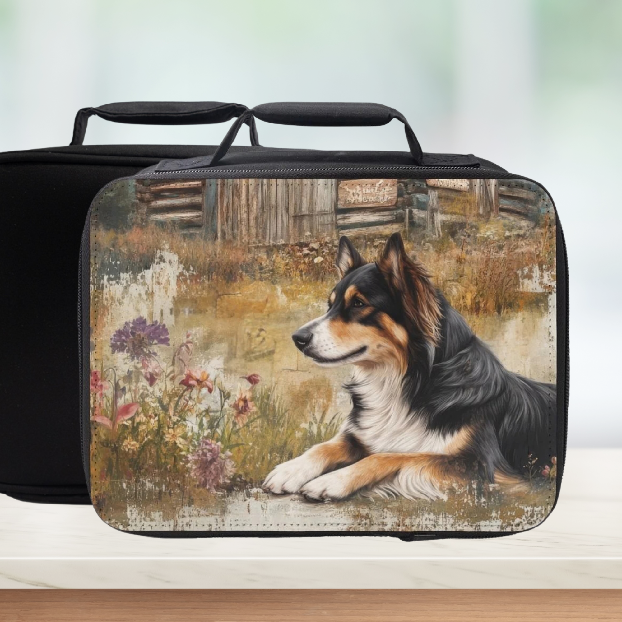 Lunch bag with a dog and floral design on a wooden surface