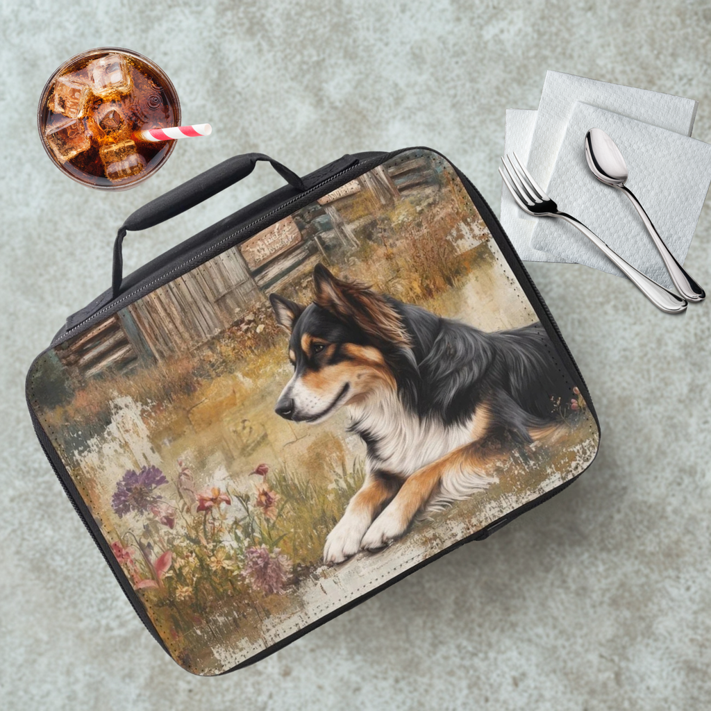 Lunch bag with a dog design on a cafeteria table with a drink and utensils.