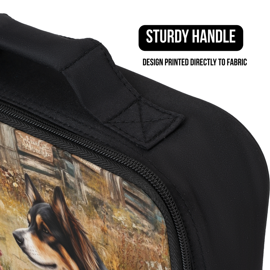 Black lunch bag with a dog design and sturdy handle feature